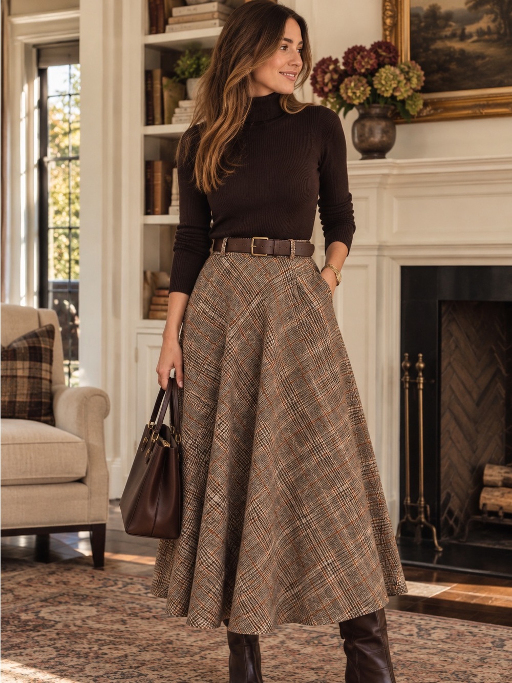 Belted Preppy Glen Plaid A-Line Maxi Skirt With Belt Brown